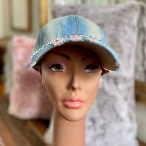 Bling new baseball cap Two toned denim hat with leather strap in back.